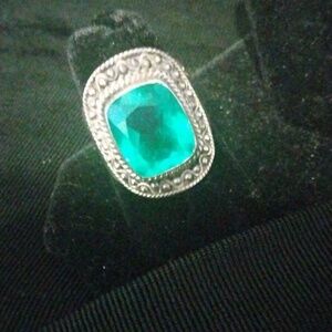 Silver Art Deco Ring With Green Gemstone....Sz 6